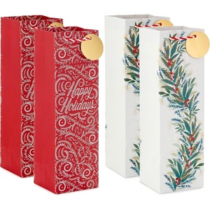 Hallmark Christmas Wine Bottle Gift Bags with Handles and Gift Tags (4 Bags: Red Happy Holidays, Green and White Garland) for Housewarmings, Coworkers, Winter Weddings, Thank You(Christmas)