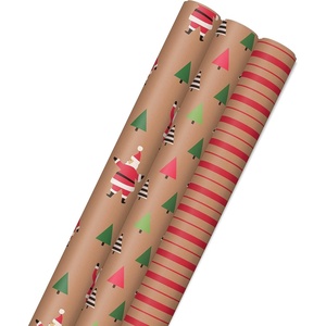 Hallmark Christmas Wrapping Paper Rolls, Brown Kraft Holiday Gift Wrap (Pack of 3: 90 sq. ft. ttl) Kraft with Santas, Trees, Stripes