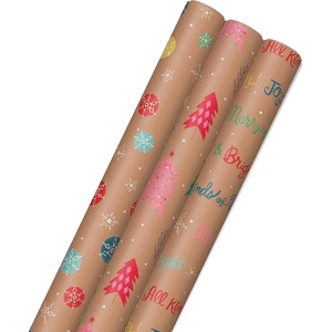 Hallmark Christmas Wrapping Paper Rolls, Brown Kraft Holiday Gift Wrap (Pack of 3: 90 sq. ft. ttl) Snowflakes, Pink Trees, “All Kinds of Merry”(3 Large Rolls)