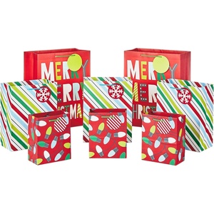Hallmark Colorful Christmas Gift Bag Assortment (8 Bags: 2 Small 6″, 2 Medium 9″, 2 Large 13″, 2 Bottle Bags) Minimalist Trees, Pink, Teal, Yellow, Green(Merry Merry Christmas Bundle)