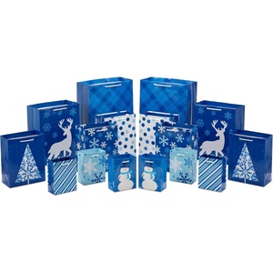 Hallmark Holiday Gift Bag Assortment, Blue and Silver (Pack of 8 Gift Bags; 3 Small 6″, 3 Medium 9″, 2 Large 13″) Ornaments, Snowflakes, Stripes(Blue Plaid  Stripes  Snowman  Deer  Snowflake  Dots)