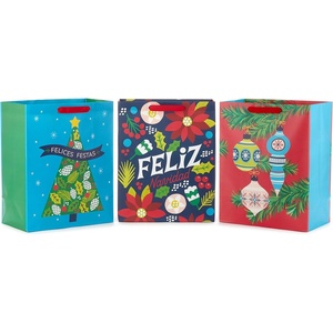 Hallmark Holiday Gift Bag Bundle (4 Large 13″ Gift Bags, 2 Designs in Navy Blue, Dark Red, Orange, Green) Joy to the World, Peace Dove for Christmas, Hanukkah, Kwanzaa, Three Kings Day(Felices Festas  Feliz Navidad  Ornaments)