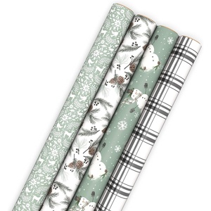 Hallmark Holiday Wrapping Paper Bundle with Cut Lines on Reverse, Elegant Woodland (Pack of 4, 120 sq. ft. TTL) Peace and Joy, Deer, Pinecones, Snowflakes, Blue, Gold(White and Sage Green Evergreen Pinecones  Rustic Snowmen  Plaid  Nordic Deer and Foliage)