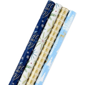 Hallmark Holiday Wrapping Paper Bundle with Cut Lines on Reverse, Elegant Woodland (Pack of 4, 120 sq. ft. TTL) Peace and Joy, Deer, Pinecones, Snowflakes, Blue, Gold(Peace and Joy  Deer  Pinecones  Snowflakes  Blue  Gold)
