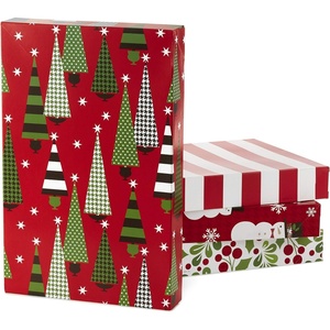 Hallmark Medium Christmas Gift Boxes with Lids (12 Shirt Boxes, 4 Designs: Trees, Stripes, Snowmen, Holly) for Christmas, Holiday Parties, Hostess Gifts(Christmas Trees  Stripes  Snowman  Holly)