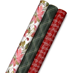 Hallmark Minimalist Christmas Wrapping Paper with Cut Lines on Reverse (3 Rolls: 120 sq. ft. ttl) Red, White, Gold Trees, Stripes, Dots(Elegant Poinsettia  Merry Christmas  and Green Plaid)