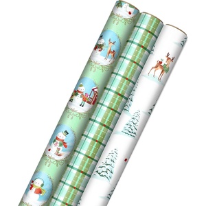 Hallmark Pink Christmas Wrapping Paper with Cut Lines on Reverse (3 Rolls: 120 sq. ft. ttl) Pink, Mint, Gold, Reindeer, Christmas Trees, Snowflakes(Storybook Critters  Snowmen  Green and Blue Plaid)