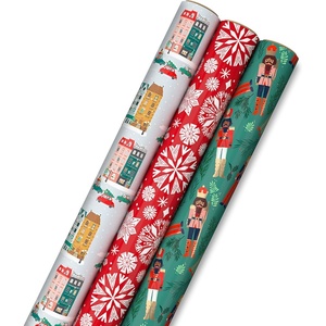 Hallmark Pink Christmas Wrapping Paper with Cut Lines on Reverse (3 Rolls: 120 sq. ft. ttl) Pink, Mint, Gold, Reindeer, Christmas Trees, Snowflakes(Winter City Scene  Rustic Snowflakes on Red  Nutcrackers with Foliage)