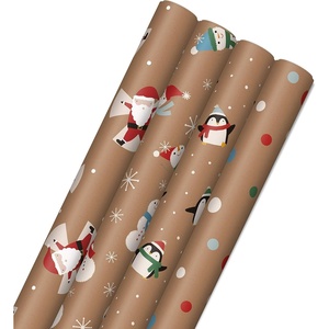 Hallmark Recyclable Christmas Wrapping Paper for Kids with Cut Lines on Reverse (4 Rolls: 88 sq. ft. ttl) Kraft Brown with Christmas Lights, Deer, Snowflakes, Red, Green, Blue Stripes (0005JXW1212)(Penguins  Santa  Snowmen  Polka Dots)