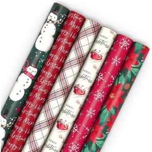 Hallmark Recycled and Recyclable Christmas Wrapping Paper Rolls with Cutlines on Reverse (6 Rolls: 150 Sq. Ft. Total) Deer, Mittens, Citrus with Pinecones, Red and Green Quilt(Snowman  Plaid  Santa’s Sleigh  Snowflakes  Poinsettia)