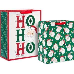 Hallmark Retro Christmas Gift Bag Bundle for Kids (2 Bags: 13″ Large, 15″ Extra Large) Vintage Santa, Ho Ho Ho, Green, Red and White(Vintage Santa  “Ho Ho Ho “)