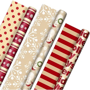 Hallmark Reversible Christmas Wrapping Paper (3 Rolls: 120 sq. ft. ttl) Retro Ornaments, Stripes, Polka Dots, Snowmen, Solid Red and Green(Merry Holidays  Snowflakes  Snowmen  Red Stripes)