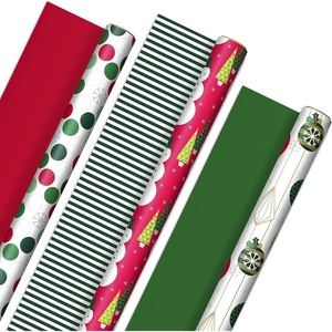 Hallmark Reversible Christmas Wrapping Paper (3 Rolls: 120 sq. ft. ttl) Retro Ornaments, Stripes, Polka Dots, Snowmen, Solid Red and Green(Retro Ornaments  Stripes  Polka Dots  Snowmen  Solid Red and Green)