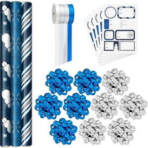 Hallmark Rustic Red and Green Christmas Wrapping Paper Set (90 sq. ft. ttl, 10 Bows, 4 Ribbon Colors, 40 Gift Tag Stickers) Snowflakes, Trees, Plaid(Navy  White and Silver)