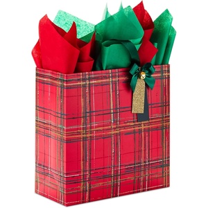 Hallmark Signature 10″ Square Holiday Gift Bag with Tissue Paper (Navy Blue, Mint Green, Gold Snowflakes) for Christmas, Hanukkah, Winter Weddings, Graduations, Birthdays(Red Plaid)