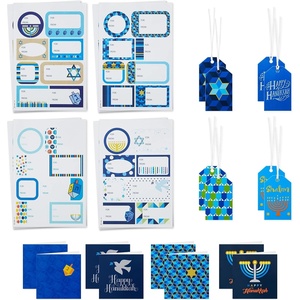 Hallmark Tree of Life Hanukkah Gift Tags with Ribbon, Sticker Seals, and Mini Notecards (Star of David, Menorah, Dreidel, Blue, Gold, Orange) for Gift Bags and Wrapped Presents