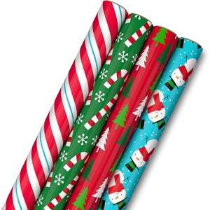 Image Arts Christmas Wrapping Paper for Kids with Cutlines on Reverse (4 Rolls: 120 Sq. Ft. Total) Stripes, Candy Canes, Trees on Red, Cute Snowmen(Stripes  Candy Cane  Trees  Snowman)
