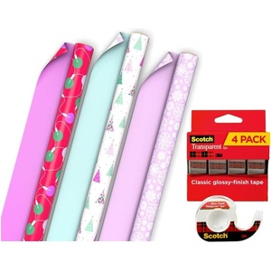 Scotch Transparent Tape and Hallmark Christmas Wrapping Paper Rolls (4 Rolls of Tape with Set of 3 Reversible Gift Wrap Rolls) Snowflakes, Christmas Lights, Pink, Red, Mint Green