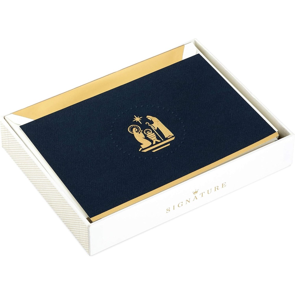 image:imageDayspring Religious Christmas Cards 16 Cards and Envelopes Winter ChurchGold Nativity on Navy Holiday Cards
