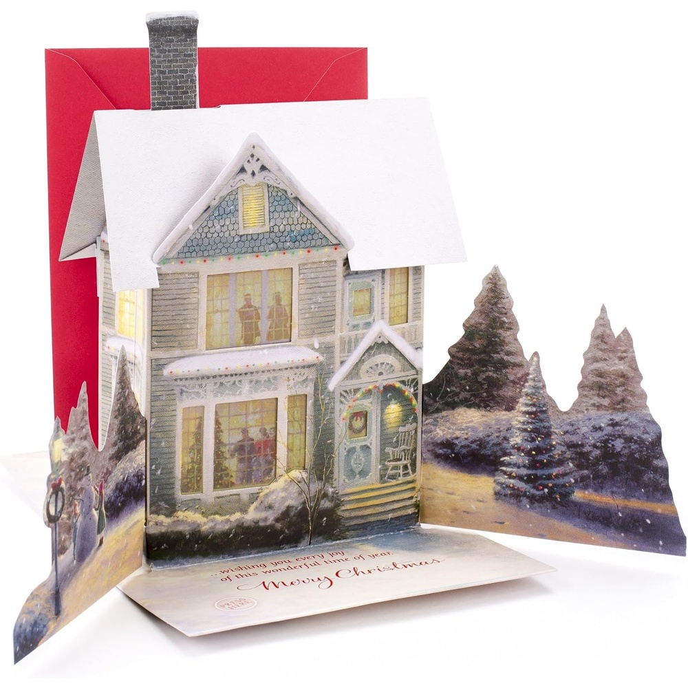 image:imageHallmark 0899XSO1002 Christmas Pop Up Card with Light and Song Displayable Dimensional Thomas Kinkade House Plays We Wish You a Merry Christmas Snowy HouseKinkade House Pop Up  Plays Music and Lights Up