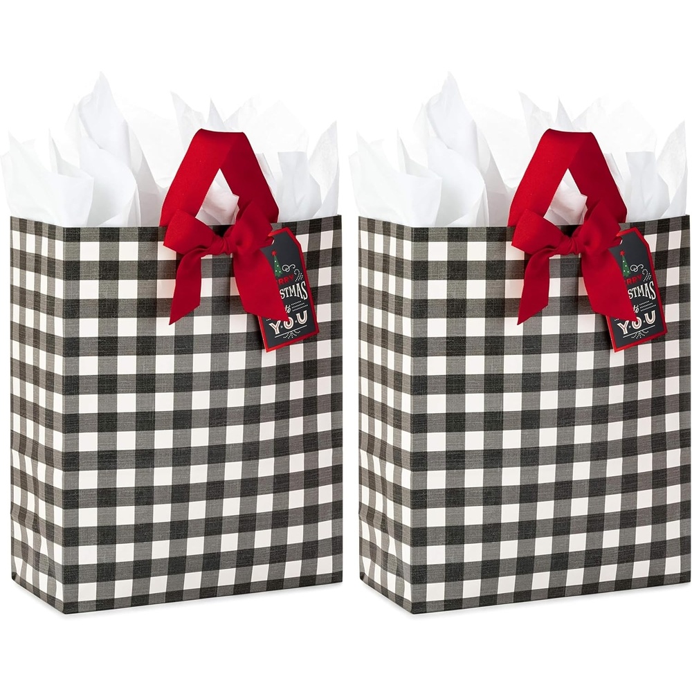 image:imageHallmark 15 Extra Large Christmas Gift Bag with Tissue Paper Black Buffalo Plaid with Red Bow1 Count Pack of 2