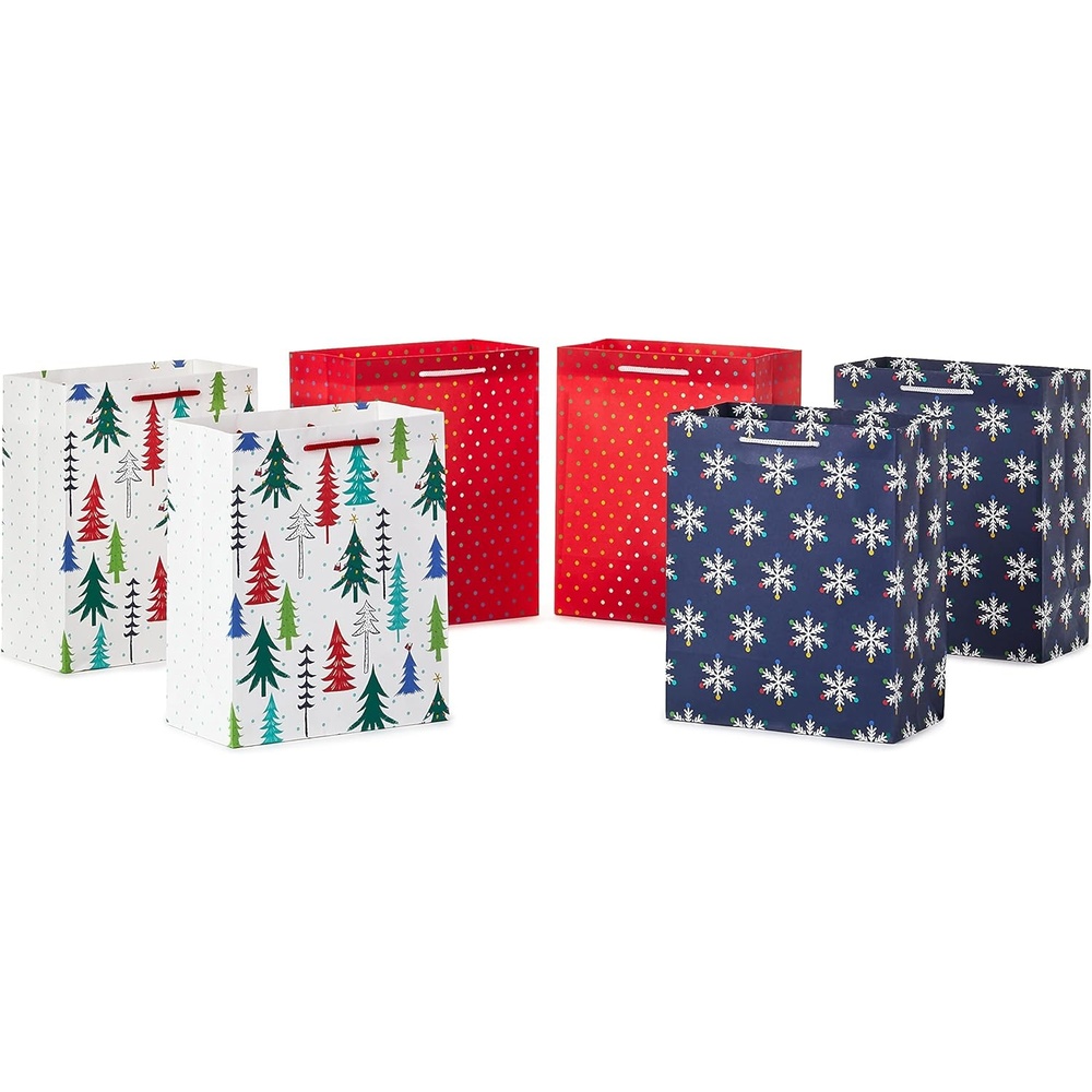 image:imageHallmark 9 Christmas Gift Bags 6 Medium Bags 3 Designs Red Polka Dot Colorful Trees Navy Snowflake for Holiday Partes Winter Weddings Birthdays