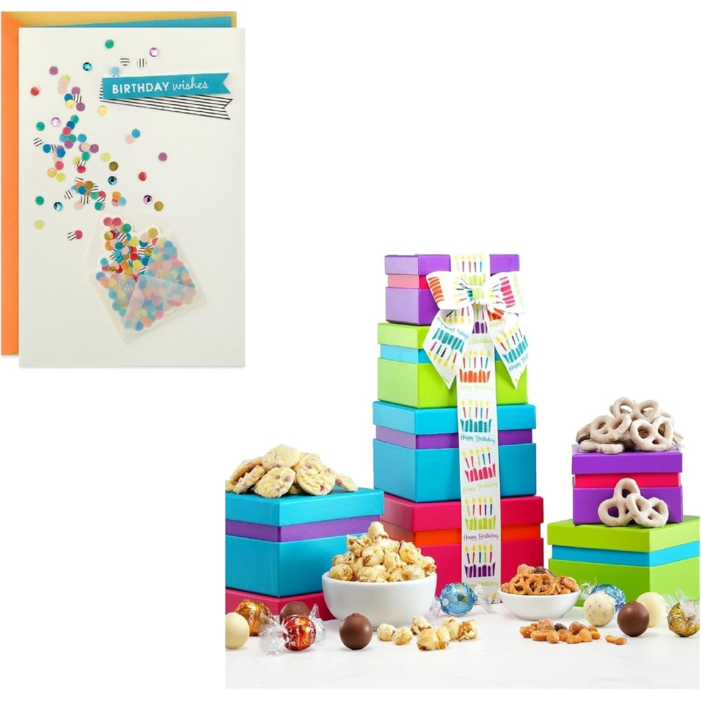 image:imageHallmark Birthday Card with Broadway Basketeers Gourmet Snacks Gift Tower  Birthday Snack Box with Sweet and Savory Treats
