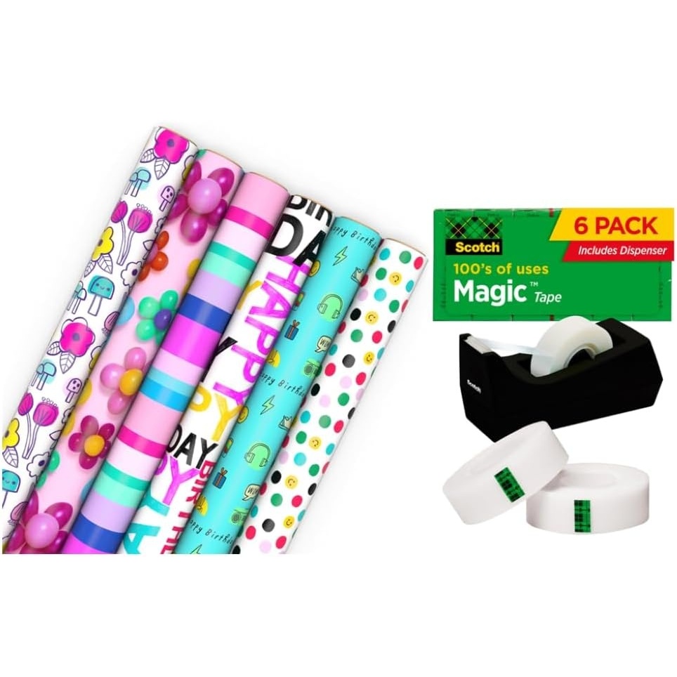 image:imageHallmark Birthday Wrapping Paper Rolls and Scotch Magic Tape Set of 6 Gift Wrap Rolls with 6 Rolls of Tape Flowers Stripes Pink Teal and Black Polka DotsWrapping Paper  Scotch Magic Tape