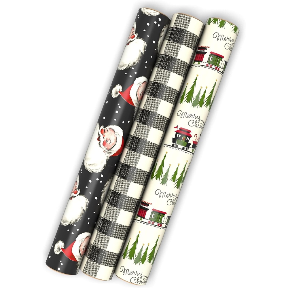 image:imageHallmark Black Christmas Wrapping Paper with Cut Lines on Reverse 3 Rolls 120 sq ft ttl Retro Santa Black and White Buffalo Plaid Train and Trees 0005JXW10773 Mini Rolls