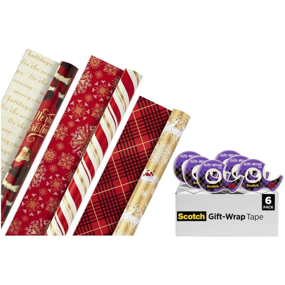 image:imageHallmark Christmas Wrapping Paper Rolls and Scotch GiftWrap Tape Set of 3 Reversible Gift Wrap Rolls with 6 Rolls of Tape Traditional Holiday  Santa Red and Gold Snowflakes Stripes Plaid