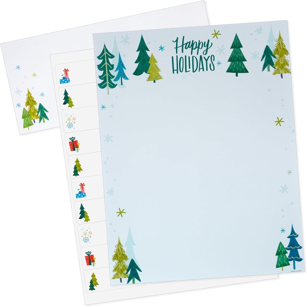 image:imageHallmark Holiday Newsletter Kit with Letterhead Paper Envelopes and Return Address Labels for 30 Letters Happy Holidays Blue and Green Winter Trees
