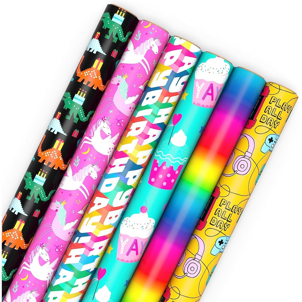 image:imageHallmark Kids Wrapping Paper with Cutlines on Reverse 6 Rolls 180 Sq Ft Total Dinosaurs Unicorns Rainbow Video GamesDinosaurs  Unicorns  Rainbow  Video Games
