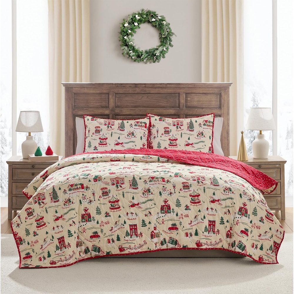 image:imageHallmark QueenFull Size 3Piece Holiday Bedding Set  Festive Reversible Comforter amp 2 Large Sham Pillows  Lightweight amp Cozy  Super Soft Microfiber Fabric  WrinkleResistant  Candy CanesChristmas Village