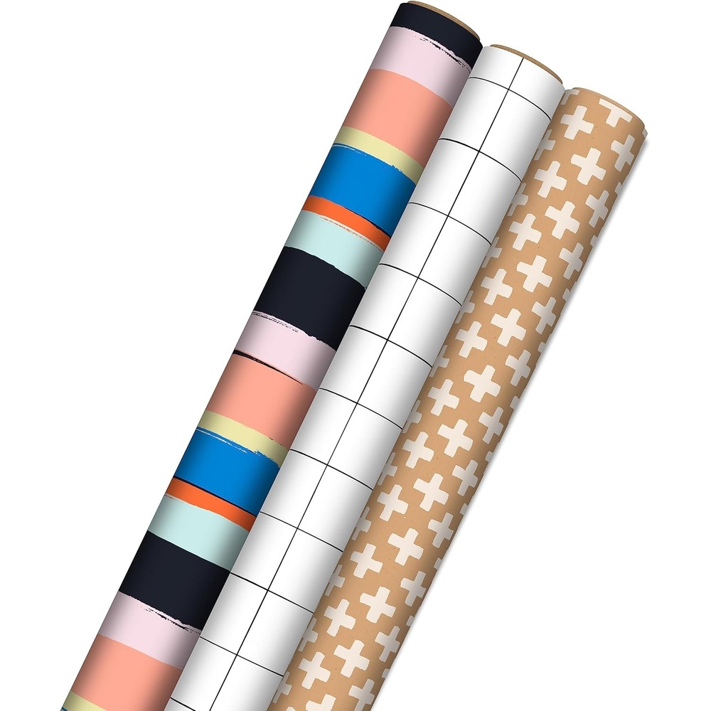 image:imageHallmark Recyclable Kraft Wrapping Paper with Cutlines on Reverse 3 Rolls 60 Sq Ft Ttl Bold Stripes Black and White Windowpane Plaid for Birthdays Baby Showers Graduations HolidaysKraft Colorful Stripes  Grid  Plus