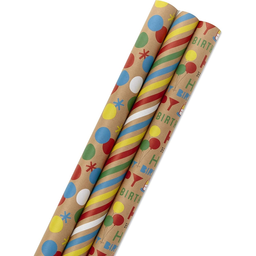 image:imageHallmark Recycled Wrapping Paper with Cutlines on Reverse 3 Rolls 60 Sq Ft Ttl Modern Florals Abstract Leaves for Birthdays Bridal Showers EasterKraft Colorful Dots  Stripes  Balloons