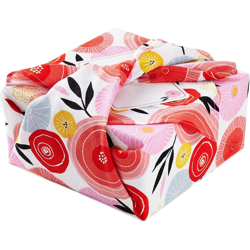 image:imageHallmark Reusable Fabric Gift Wrap 1 Sheet 26 x 26 Black and White Dots and Stripes for Birthdays Mothers Day Weddings Engagements Graduations and MoreModern Flowers  Orange  Pink  Yellow  Blue