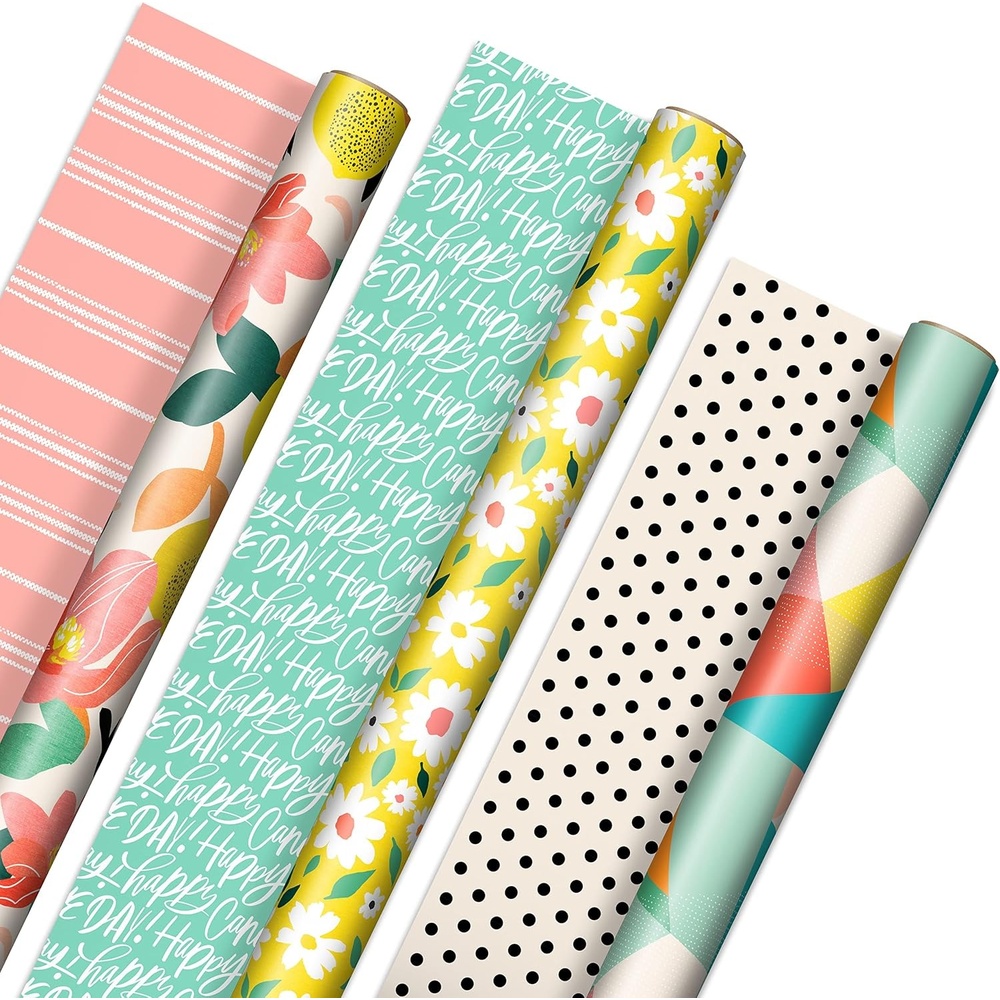 image:imageHallmark Reversible Spring Wrapping Paper 3 Rolls 75 Sq Ft Ttl Floral Lemons Bright Abstract for Easter Birthdays Mothers Day Bridal Showers Baby ShowersReversible Pink  Yellow  Mint