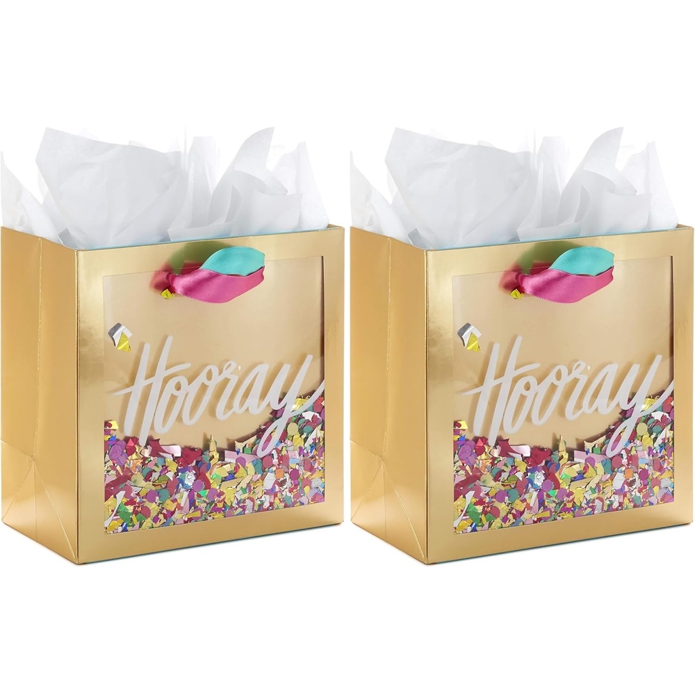 image:imageHallmark Signature 7 Medium Gift Bag with Tissue Paper Hooray Gold with Pink Teal Purple Confetti for Bridal Showers Graduations Retirements and More1 Count Pack of 2