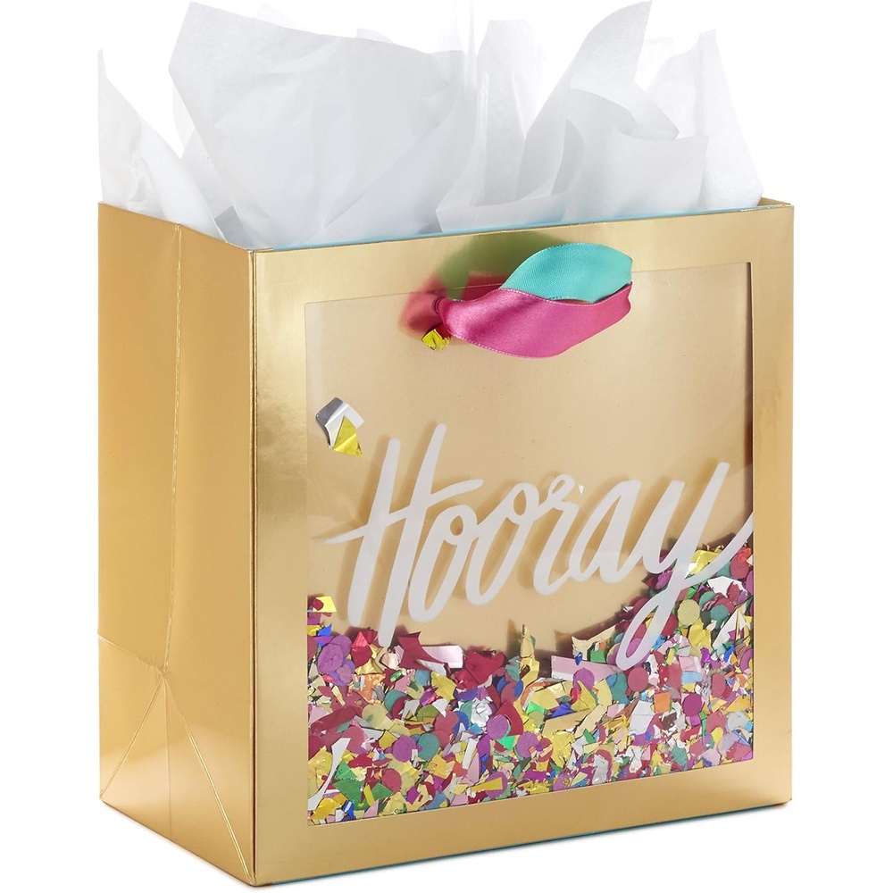 image:imageHallmark Signature 7 Medium Gift Bag with Tissue Paper Hooray Gold with Pink Teal Purple Confetti for Bridal Showers Graduations Retirements and More1 Count Pack of 1