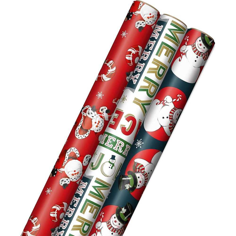 image:imageHallmark Vintage Christmas Wrapping Paper Cut Lines on Reverse 3 Rolls 120 sq ft ttl Dancing Santas Classic Snowman Merry Jolly Happy Peace3 Large Rolls