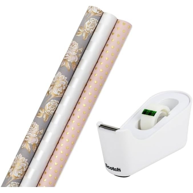 image:imageScotch Tape Dispenser with Magic Tape and Hallmark Wedding Wrapping Paper Rolls Includes Tape Dispenser 1 Roll of Tape Set of 3 Gift Wrap Rolls Gold Hearts Rose Flowers White Stripes