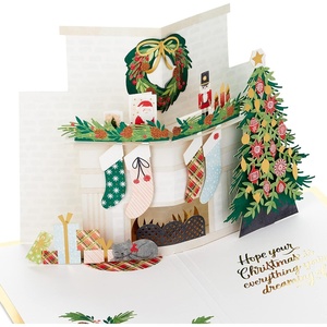 Hallmark 0899XSO1002 Christmas Pop Up Card with Light and Song (Displayable Dimensional Thomas Kinkade House Plays We Wish You a Merry Christmas), Snowy House(Fireplace Scene Pop Up)