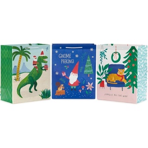 Hallmark 13″ Large Funny Christmas Gift Bags (3 Bags: Gnome Peeking, Jungle Cat, Santa on T-Rex Dinosaur) for Kids, Friends, Teachers, Family(T-Rex  Gnome  Jungle Cat)