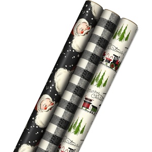 Hallmark Black Christmas Wrapping Paper with Cut Lines on Reverse (3 Rolls: 120 sq. ft. ttl) Retro Santa, Black and White Buffalo Plaid, Train and Trees (0005JXW1077)(3 Large Rolls)