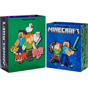 Hallmark Minecraft Gift Bag Bundle (2 Bags: 13″ Large Blue Bag, 15″ Extra Large Green) for Birthdays, Christmas, Valentine’s Day, Halloween, Kids Parties(Minecraft (2 Gift Bags))