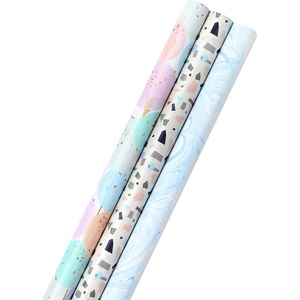 Hallmark Recyclable Kraft Wrapping Paper with Cutlines on Reverse (3 Rolls: 60 Sq. Ft. Ttl) Bold Stripes, Black and White Windowpane Plaid for Birthdays, Baby Showers, Graduations, Holidays(Pastel Balloons  Confetti  Marble)
