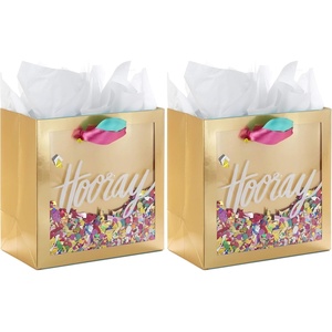 Hallmark Signature 7″ Medium Gift Bag with Tissue Paper (Hooray; Gold with Pink, Teal, Purple Confetti) for Bridal Showers, Graduations, Retirements and More(1 Count (Pack of 2))
