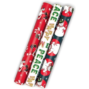 Hallmark Vintage Christmas Wrapping Paper Cut Lines on Reverse (3 Rolls: 120 sq. ft. ttl) Dancing Santas, Classic Snowman, “Merry, Jolly, Happy, Peace”(3 Mini Rolls)