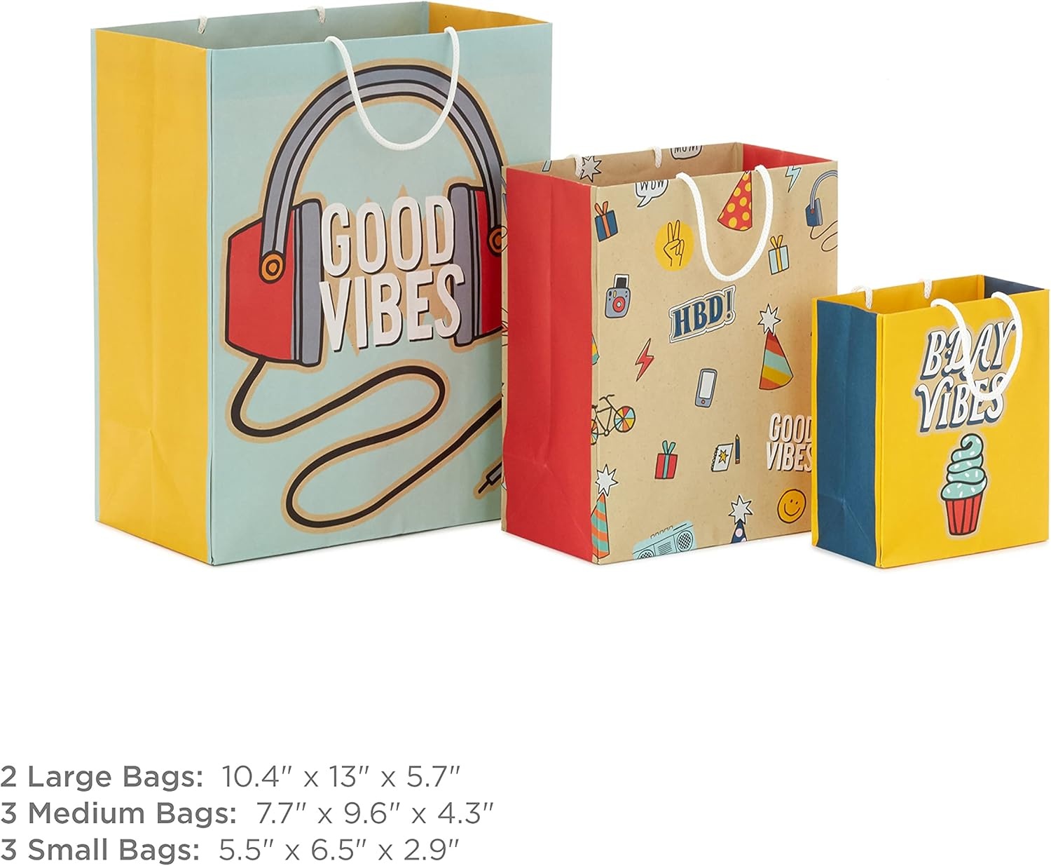 image:imageHallmark Gift Bag Assortment 8 Bags 3 Small 6 3 Medium 9 2 Large 13 Kids Birthday Good Vibes Retro IconsRetro Good Vibes