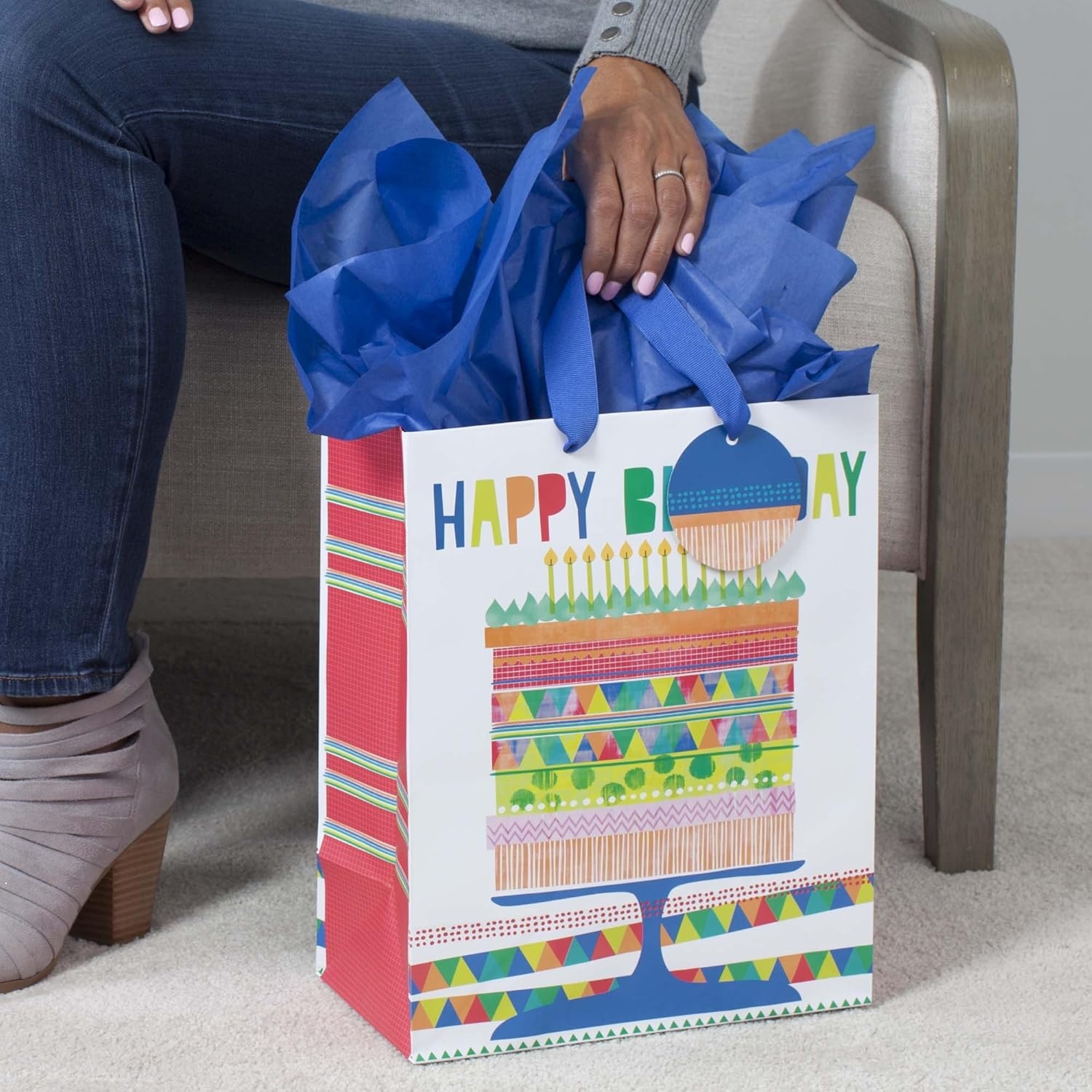 image:imageHallmark Signature Studio 10 Large Square Gift Bag with Tissue Paper Happy Birthday Teal Gray Pink Blue on WhiteBirthday Cake